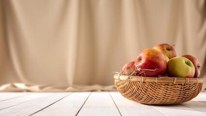 Fruit of apples in a baskest on white wooden table with cozy indoor background.