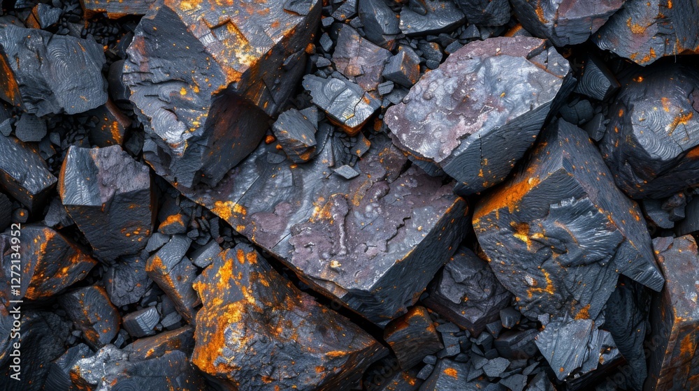 Aufkleber rocks of various shapes and sizes are closely packed, displaying a mix of dark hues and striking ora