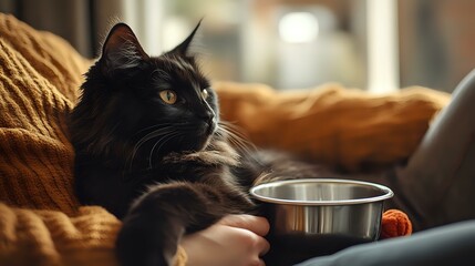 Black cat lying on orange blanket near metal food bowl, side view portrait with blurred background, domestic pet at home looking away in natural light.
