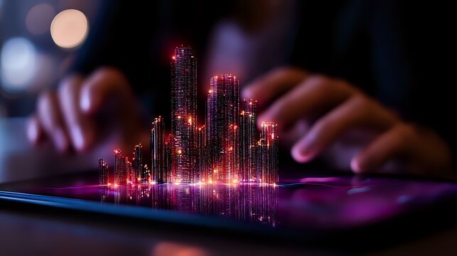 Glowing red digital city hologram emerging from tablet screen with hands touching display in dark room, futuristic technology concept for business presentations.