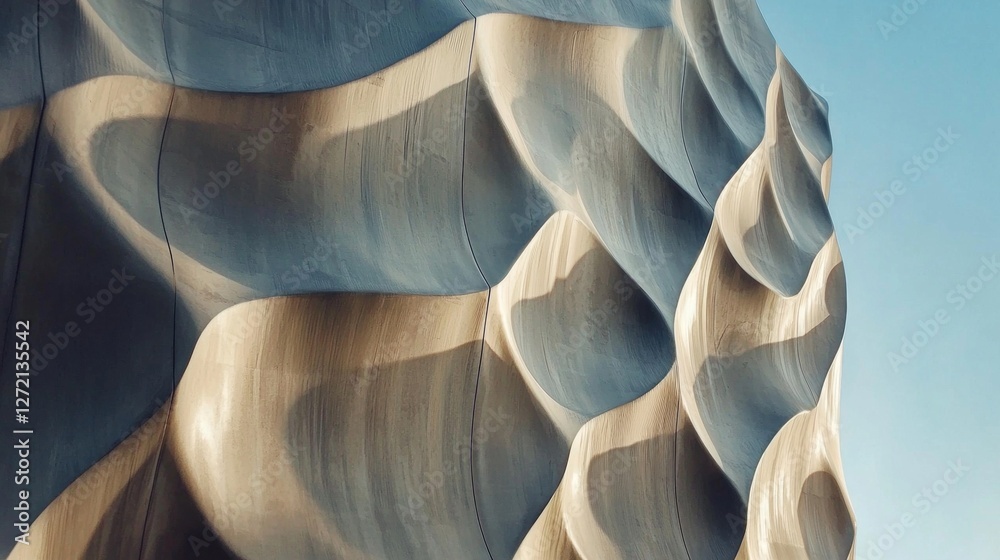 Poster curved surfaces of a unique building rise and flow with artistry, reflecting sunlight under a vibran