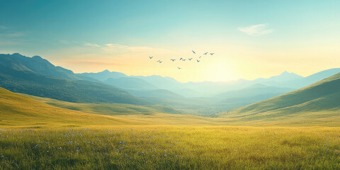 A scenic view of a mountain valley with a clear sky, a small flock of bluebirds soaring in the distance. Blue Bird Day, as a symbol of spring and the return of birds. Copy space. Card. Wallpaper