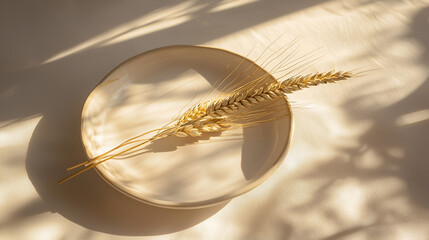 Obraz premium Wheat stalk on a plate. Golden hour lighting creates soft shadows. A symbol of harvest and simplicity.
