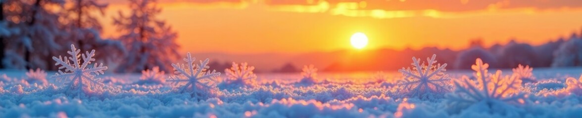 Fototapeta premium Frosty landscape with large snowflakes against orange sky, serene, warm, sunrise