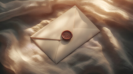 Sealed letter: Beige envelope with wax seal on a soft fabric under the sun's gentle glow.