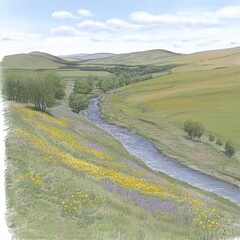 River Valley Landscape with Wildflowers