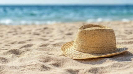 Sunlit straw hat rests against a backdrop of sparkling blue water, evoking the essence of summer relaxation and warmth
