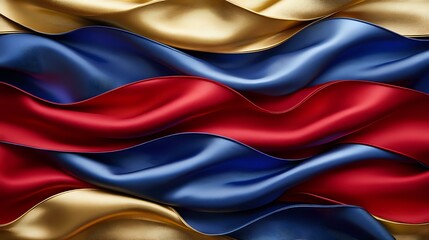 Fototapeta premium Luxurious wavy stripes in gold, navy blue and red create elegant abstract pattern with silky smooth texture and flowing curves. Decorative design for luxury backgrounds.