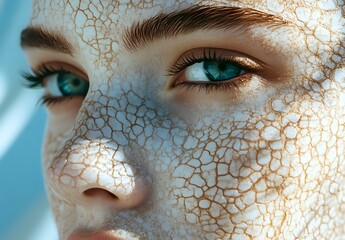 Close up of female face with turquoise eyes and golden crackle effect makeup art on skin against blue background, showing creative beauty concept.