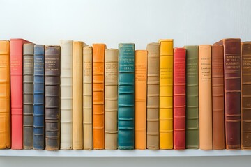 Naklejka premium Row of vintage hardcover books in various colors arranged on white shelf, spines showing classic literature collection with weathered textures and faded bindings.