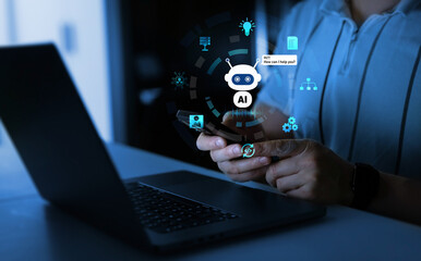 Online support Chatbot conversation.Virtual assistant, artificial intelligence Bot and CRM software automation technology.Customer person using chat service to get support.	