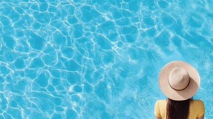 Sunlit straw hat rests against a backdrop of sparkling blue water, evoking the essence of summer relaxation and warmth