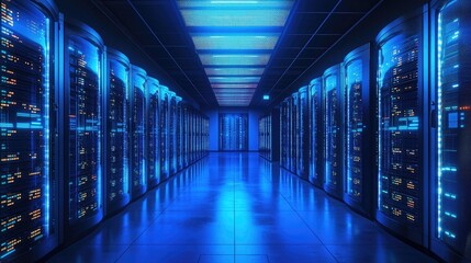 Fototapeta premium Futuristic data center with curved server racks and bright LED lighting. Ideal for cloud computing, cybersecurity, and network infrastructure