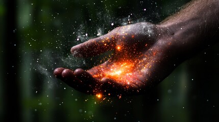 Fototapeta premium Mystical Energy and Stardust Particles in a Hand Against a Dark Forest Background