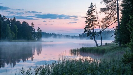 Fototapeta premium A serene lakeside scene with mist rising over the water at dawn, tranquil and peaceful mood.