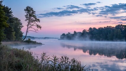 Fototapeta premium A serene lakeside scene with mist rising over the water at dawn, tranquil and peaceful mood.