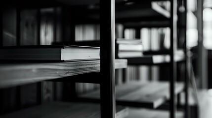 Moody black and white photograph of books on wooden shelves in library interior, with shallow depth of field creating atmospheric bokeh effect.