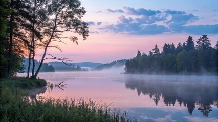 Fototapeta premium A serene lakeside scene with mist rising over the water at dawn, tranquil and peaceful mood.