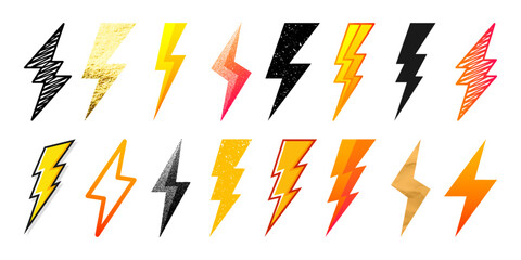 Lightning bolt icons collection. Golden, grunge, stippled, hand drawn flash symbol, thunderbolt. Dot drawing. Simple lightning strike sign. Vector illustration