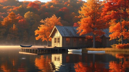 Fototapeta premium Cozy lakeside cabin surrounded by vibrant autumn foliage during a tranquil morning