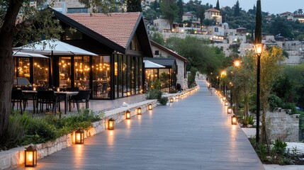 Outdoor restaurant patio at twilight, hillside setting