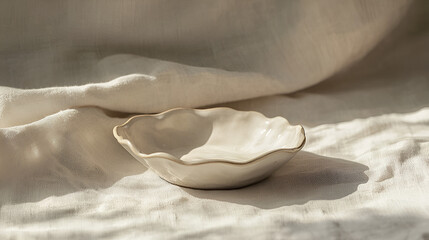 Minimalist Pottery: An off-white handmade ceramic bowl with a scalloped edge sits on crumpled linen.