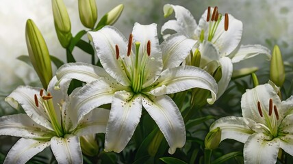 Obraz premium White lilies close-up, drops on flowers, spring flowers