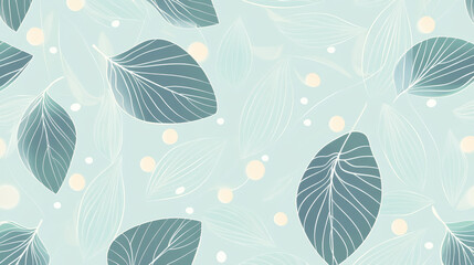 Obraz premium Elegant botanical pattern with stylized leaves and soft glowing dots on pastel mint green background, creating delicate and modern nature inspired design