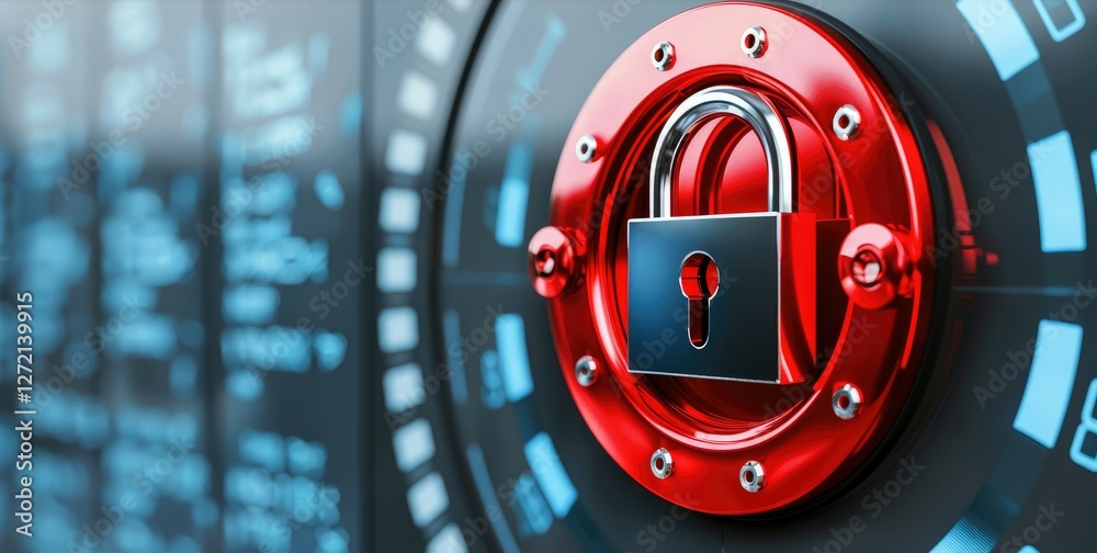 Poster digital security lock close-up on hi-tech background with led display elements