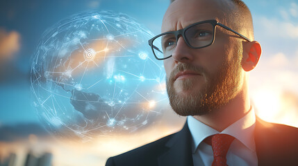 Businessman engaging with a glowing global grid visualization urban setting digital concept futuristic perspective professional environment