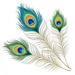 Obraz premium Elegant Hindu Invitation Featuring Peacock Feathers on a Pristine White Background for a Sacred and Graceful Celebration Design