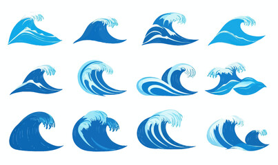 Fototapeta premium Minimalist Blue Sea Waves Icon Set Vector Illustration for Graphic Design Projects