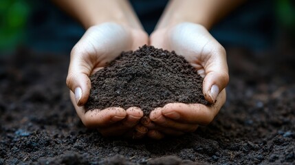 hands holding soil on soil background