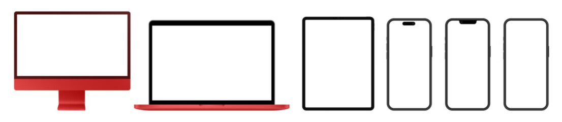 Fototapeta premium Mockup of black and red computer monitor, laptop, tablet screen and mobile phones. Social media promotion. Advertising on a smartphone display. Device front view. 3D smart pad with shadow. Cell phone