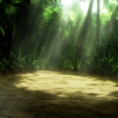 Obraz premium Tropical Jungle Clearing with Sunlight and Sandy Ground
