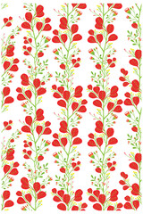 A vibrant square floral print pattern featuring red leaves and small buds on green stems against a white background, creating a lively design.