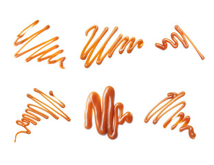 Set of various patterns drawn with caramel syrup isolated on white background
