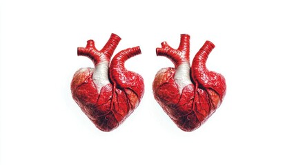 Two Realistic Red Human Hearts on White Background