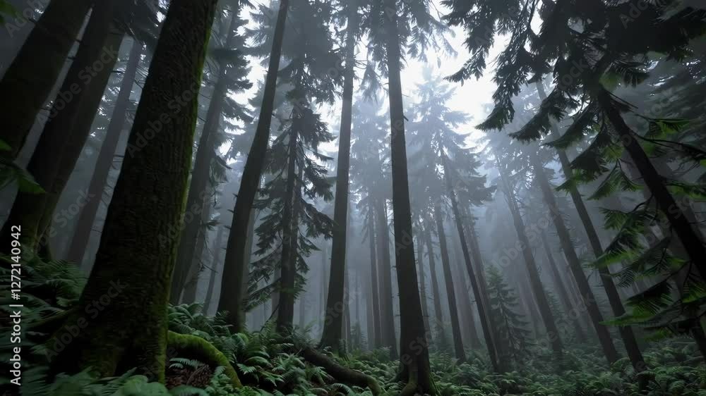 Poster dense forest with tall trees and mist, mysterious and serene nature concept