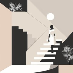 Woman Ascending Modern Staircase in Minimalist Interior