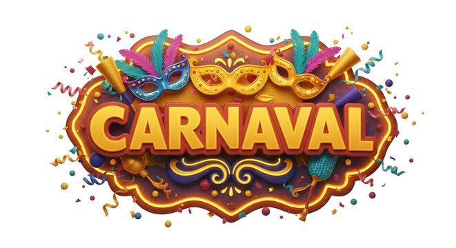 Um gr&aacute;fico festivo de 'CARNAVAL' com letras em negrito, penas coloridas acima e luzes brilhantes abaixo, criando uma vibrante celebra&ccedil;&atilde;o inspirada no Mardi Gras em um fundo , isolated white background
