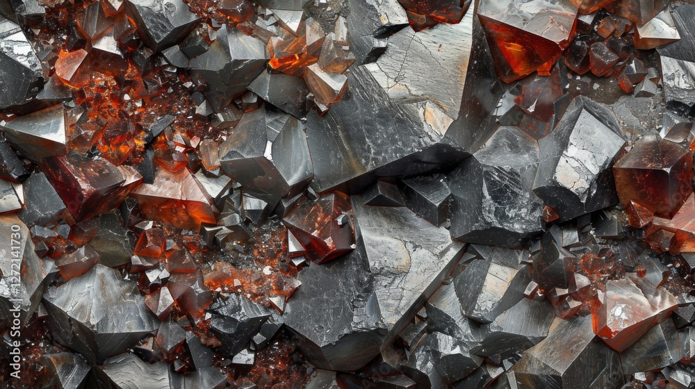 Poster various crystals exhibit a beautiful interplay of shiny gray and vibrant red hues, showcasing natura