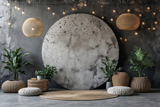 Cinder Round Concrete Stone Backdrop Textured Dark Grey Finish