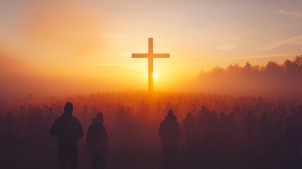 Silhouetted crowd gathered around a large cross at sunset, enveloped in thick, mysterious fog