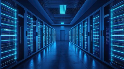 Futuristic data center with illuminated server racks and a secure high-tech environment. Ideal for cloud computing, cybersecurity, and network infrastructure
