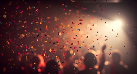 Uma cena alegre de festival onde as pessoas celebram com confetes, bandeiras e prédios iluminados, capturando a essência da alegria comunitária, orgulho cultural e festividades de rua