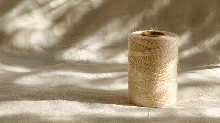 Spool of cream-colored thread on textured fabric with soft shadows creating a calm, neutral composition.