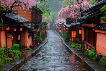 Traditional Japanese temple surrounded by vibrant cherry blossoms during spring season - Generative AI