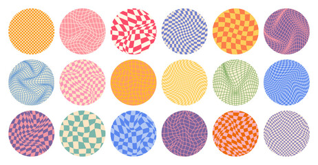 Groovy checkered pattern, round colorful tiled grid. Vintage wavy curved backdrop, distortion effect. Funky geometric chessboard texture, retro background in 90s style, y2k. Vector illustration