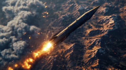 A rocket ascends rapidly, ignited with flames and smoke against a backdrop of rugged mountains illuminated by the setting sun. The scene captures the intensity of the launch.